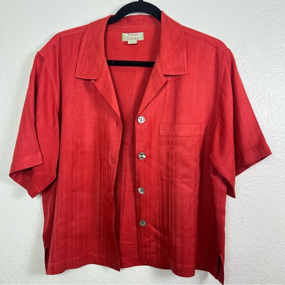 Tommy Bahama Women’s Silk Cropped Blouse Button Sz Medium Red Salmon Vintage - Picture 13 of 15